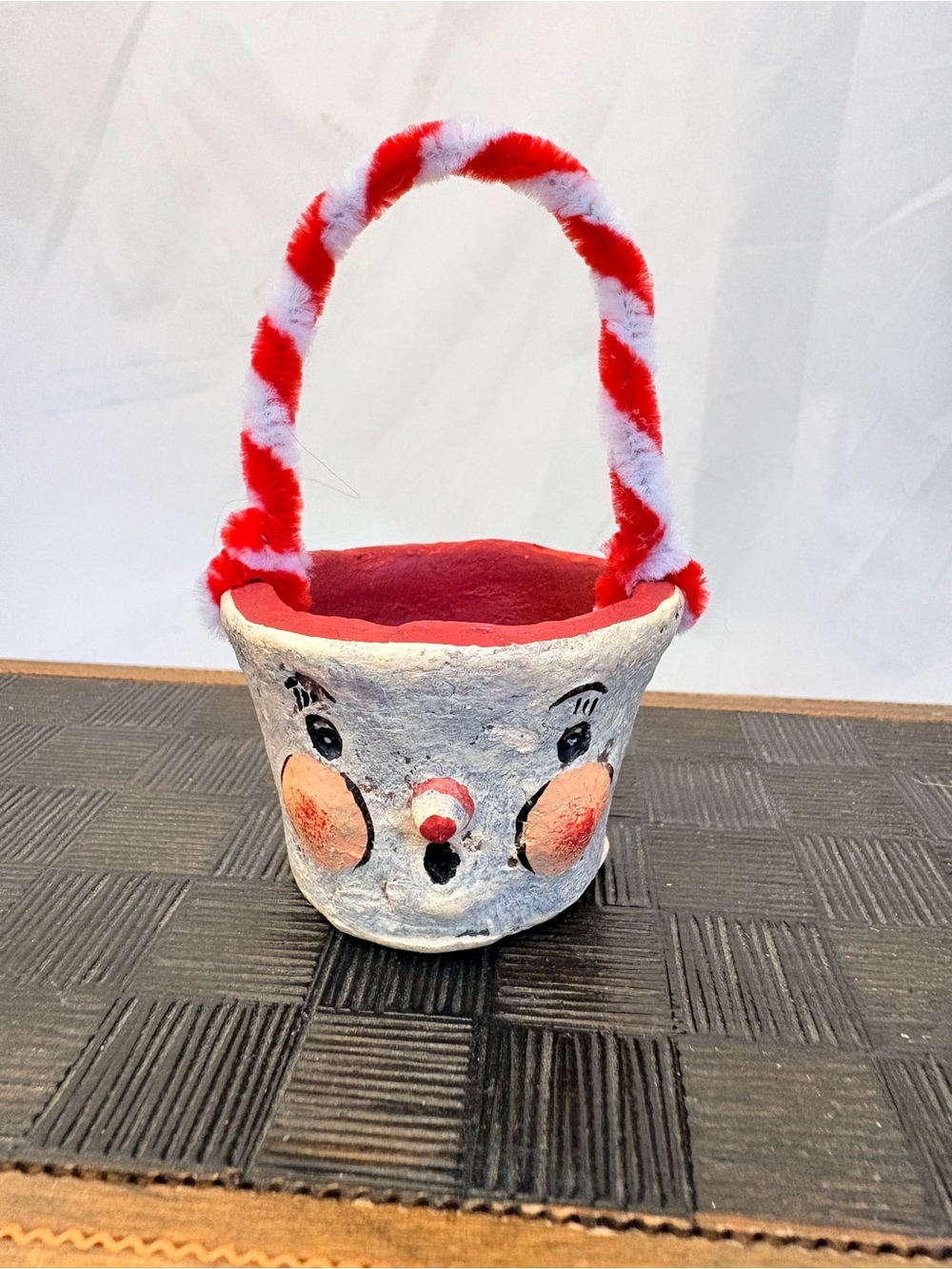 Retired Johanna Parker Paper Mâché Snowman Candy Bucket ornament- Primitive Styl